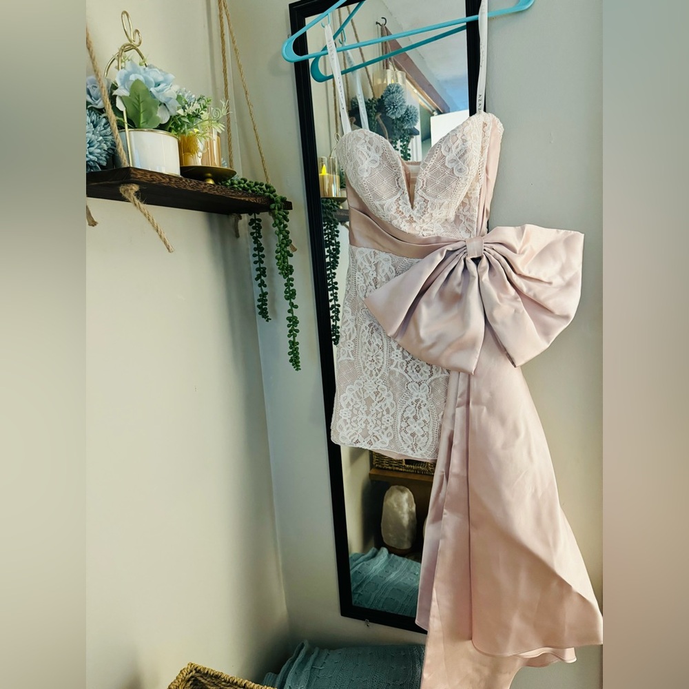 Azazie sweetheart lace dress with Mikado oversized bow